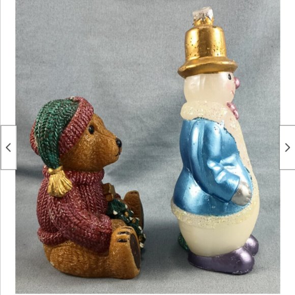 2 Shiny Christmas Wax Candle Brown Teddy Bear w/Sweater Hat Snowman Gold Top Hat - Picture 4 of 7
